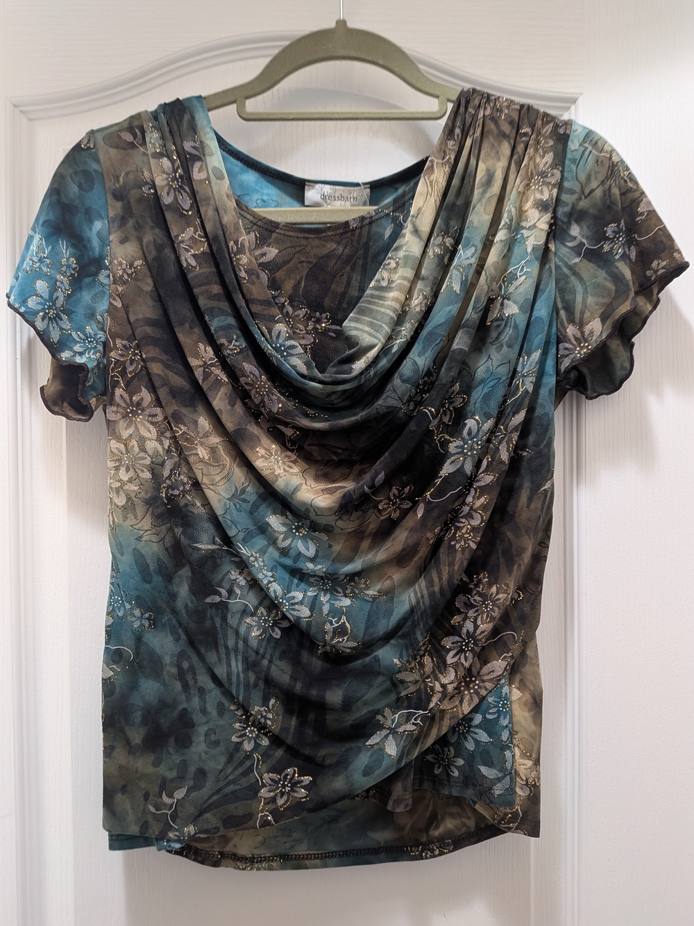 Dress Barn Teal and Olive Floral Drape Neck Blouse